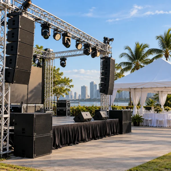 Professional event speakers and lighting truss beside an outdoor tent