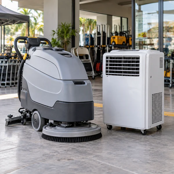 Commercial floor cleaner and portable air conditioner in a rental display