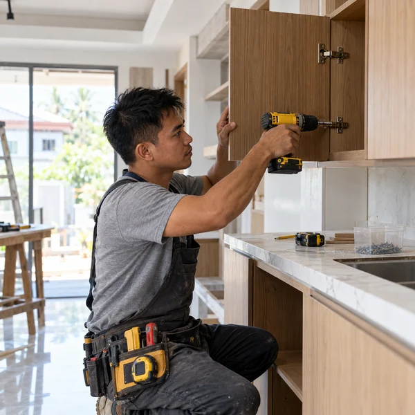 Carpenter installing cabinetry during a house renovation