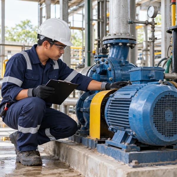 Industrial technician inspecting a large motor and pump during maintenance