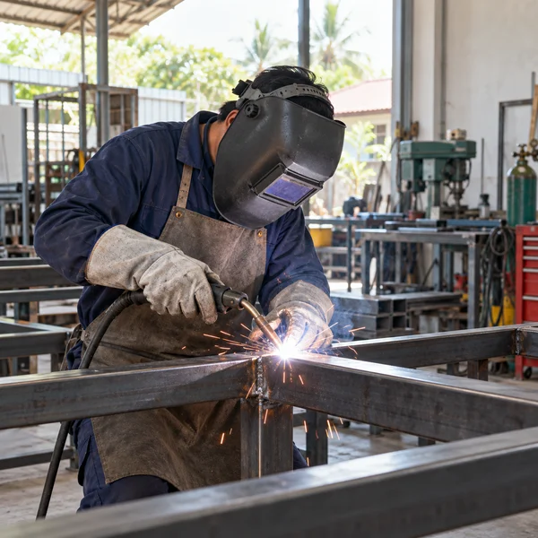 Fabricator wearing protective welding equipment while working on a metal frame