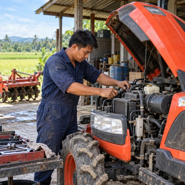 Farm mechanic checking a tractor engine at a rural workshop