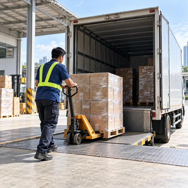 Cargo truck at a warehouse loading bay with a worker using a pallet jack