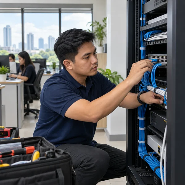 IT technician installing neatly routed networking equipment in an office