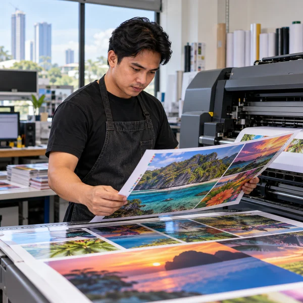 Print technician checking colorful sheets beside a commercial printer