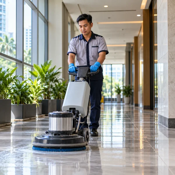 Professional cleaner operating a floor cleaning machine in a commercial corridor
