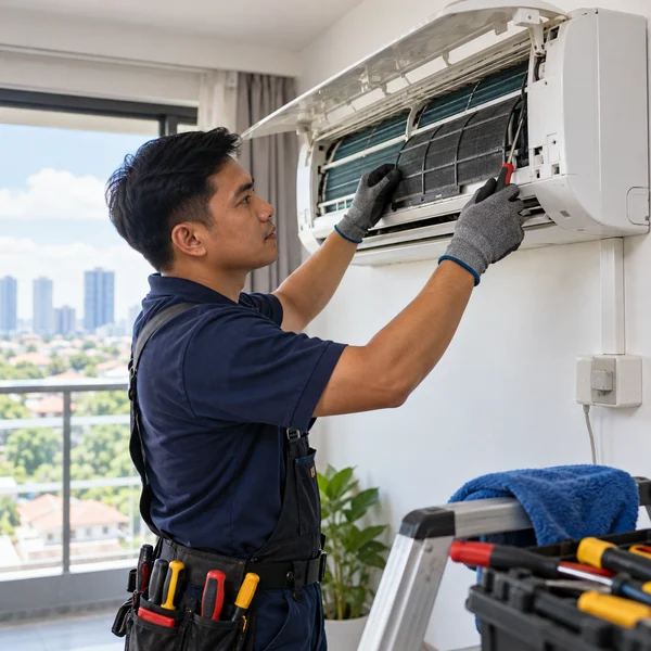 Air-conditioning technician inspecting an open wall-mounted unit