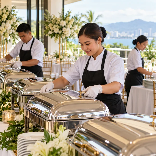 Catering team arranging chafing dishes at an event venue