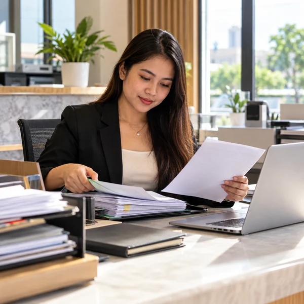 Administrative professional organizing business documents beside a laptop