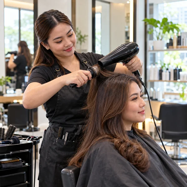 Hair stylist working with an adult client in a clean salon