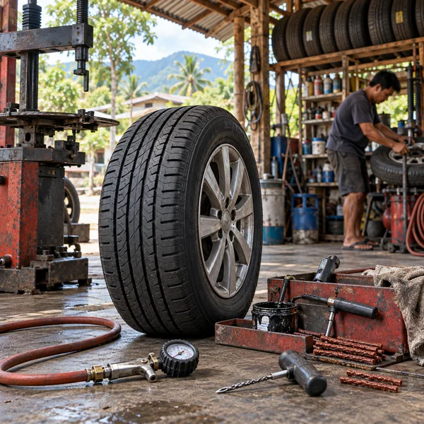 Tire and repair tools in an organized Philippine vulcanizing workshop
