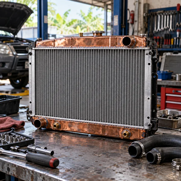 Automotive radiator and tools on a specialist repair workbench