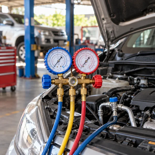 Automotive air-conditioning gauges beside an open car engine bay