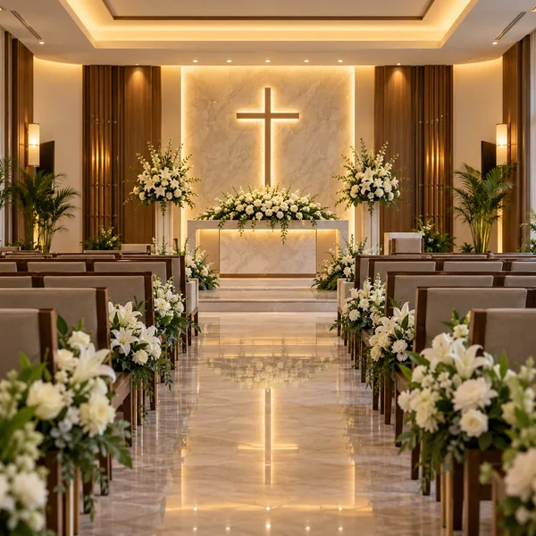 Tasteful empty Philippine funeral chapel with white flowers