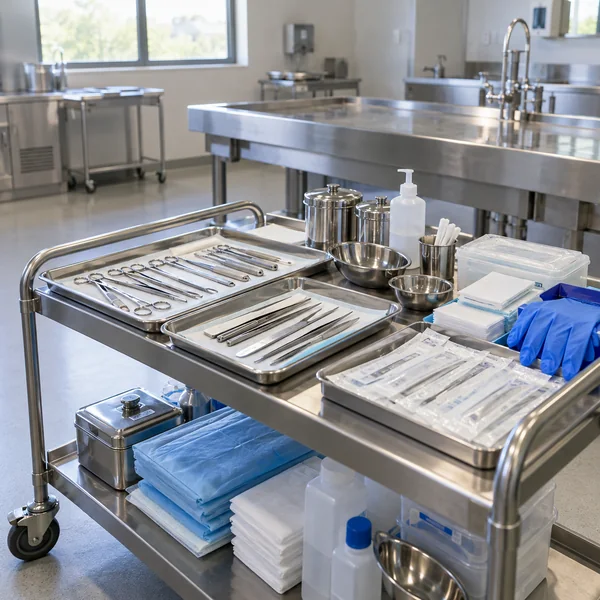 Clean mortuary preparation equipment trolley in an empty professional room