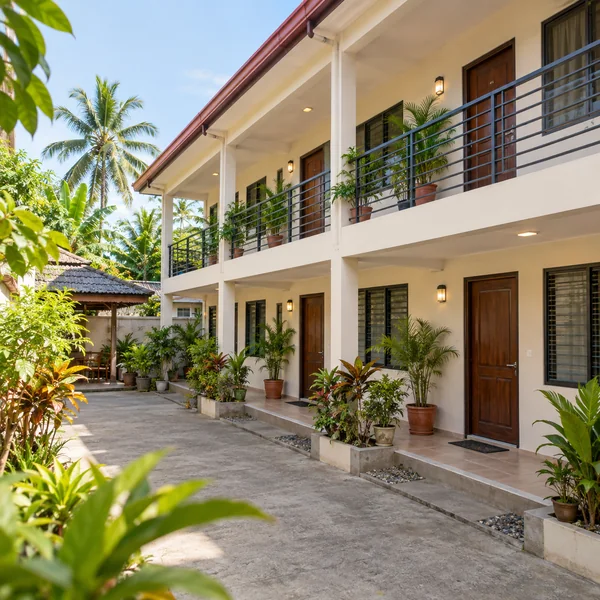 Clean boarding-house rental room entrances around a Philippine courtyard