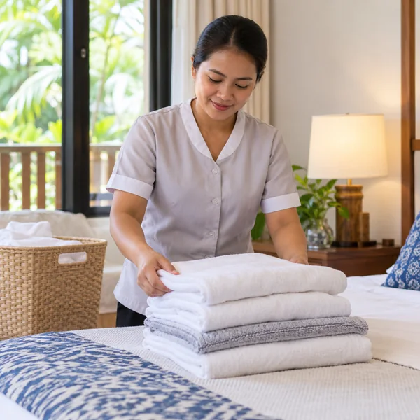 Professional Filipino housekeeper arranging clean folded laundry at home
