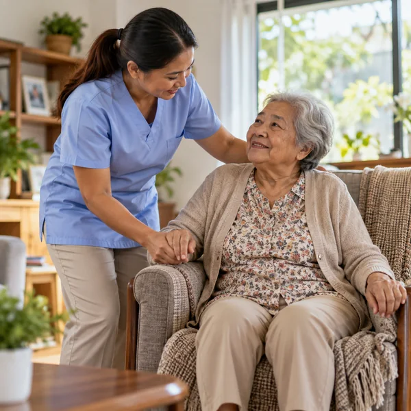 Filipino caregiver assisting an elderly woman comfortably at home