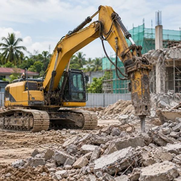 Excavator with breaker beside contained rubble on a secured demolition site