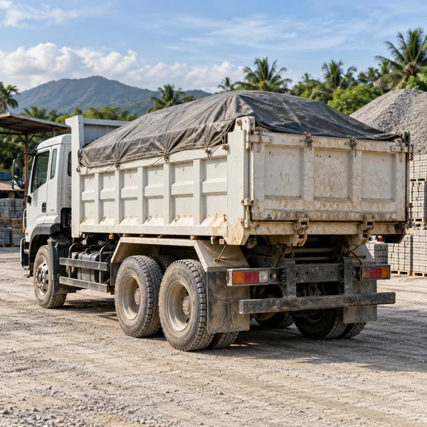 Covered dump truck parked in an orderly Philippine materials yard