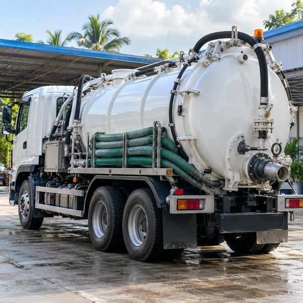 Vacuum tanker and coiled pumping hoses in a clean service depot