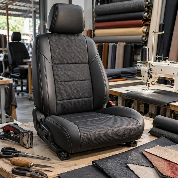 Car seat and fabric samples in an auto upholstery workshop