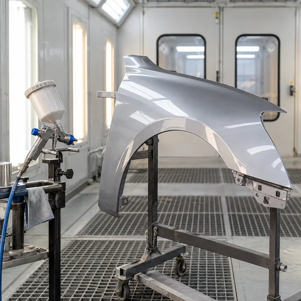 Vehicle panel and spray equipment in an organized refinishing booth