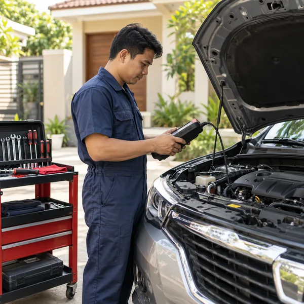 Mobile mechanic checking a car beside a portable tool trolley