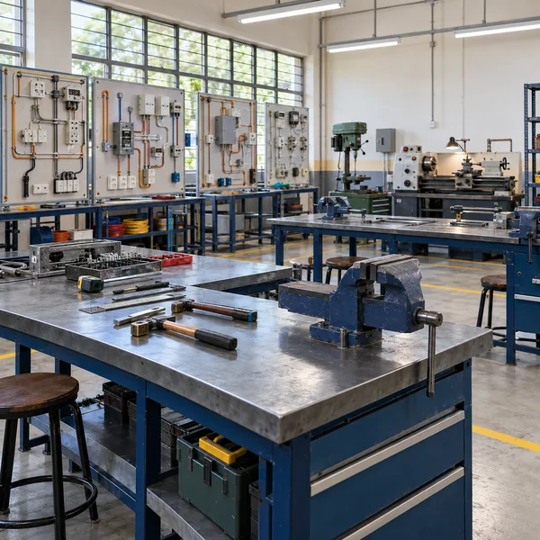 Organized technical-vocational training workshop with tools and training boards
