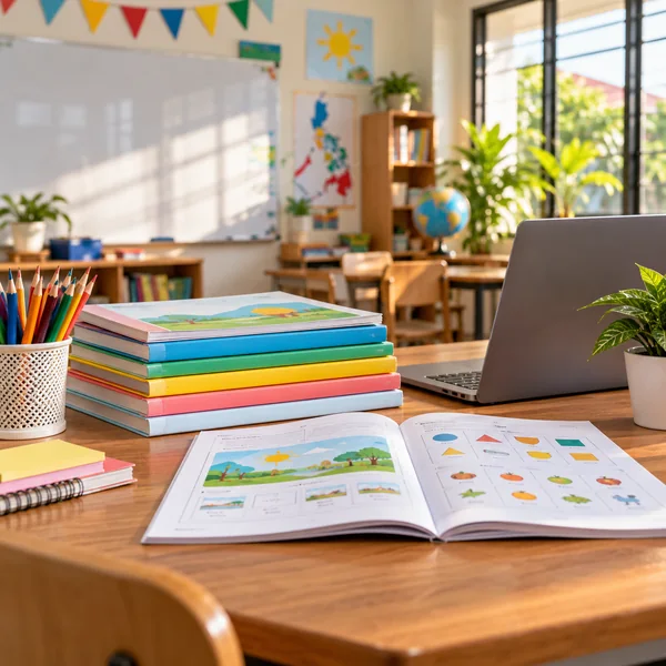 Study materials and laptop in a welcoming tutorial classroom