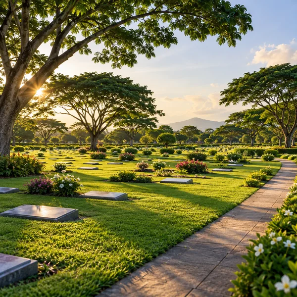 Peaceful memorial park with maintained grass and simple grave markers