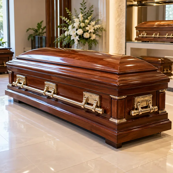 Closed polished wooden casket in a dignified woodworking showroom