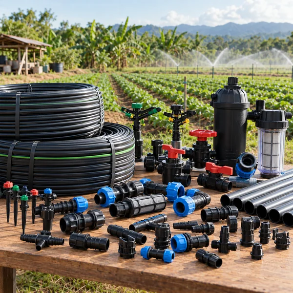 Drip lines sprinkler heads valves and irrigation fittings on a supplier counter