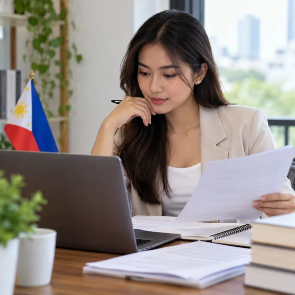 Professional Filipino translator working with a laptop and documents