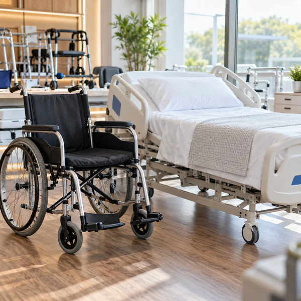 Clean wheelchair and adjustable care bed in a home-care equipment showroom