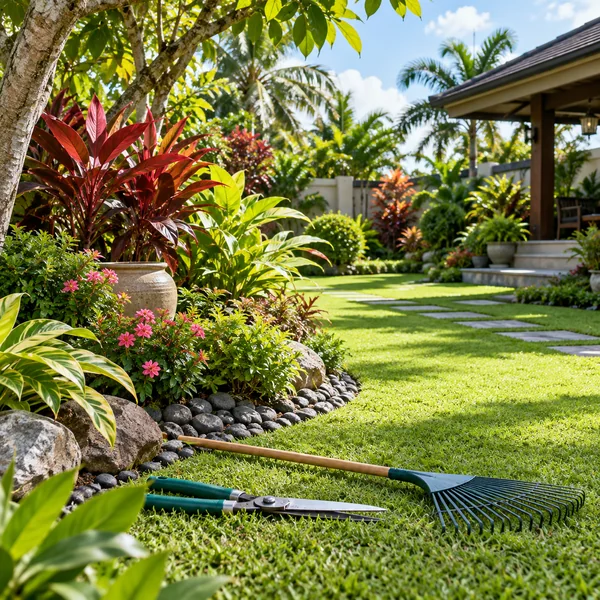 Philippine tropical garden with neatly arranged gardening tools