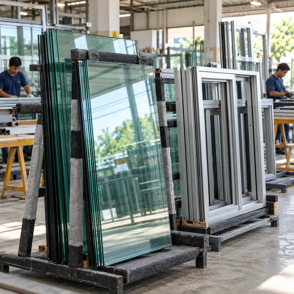 Glass panes and aluminum window frames in a fabrication workshop