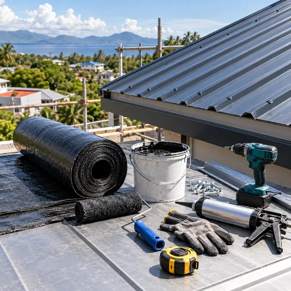 Roofing tools and waterproofing materials beside finished metal roofing
