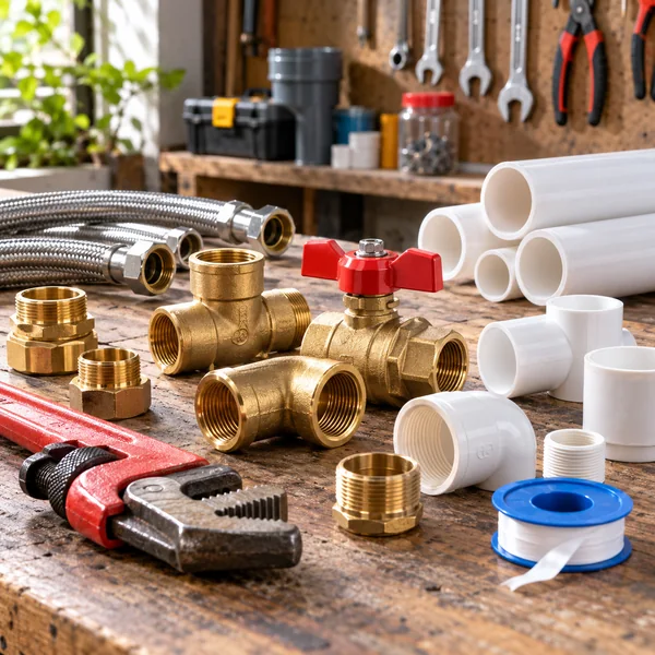 Plumbing fittings pipe wrench and clean water pipes on a workbench