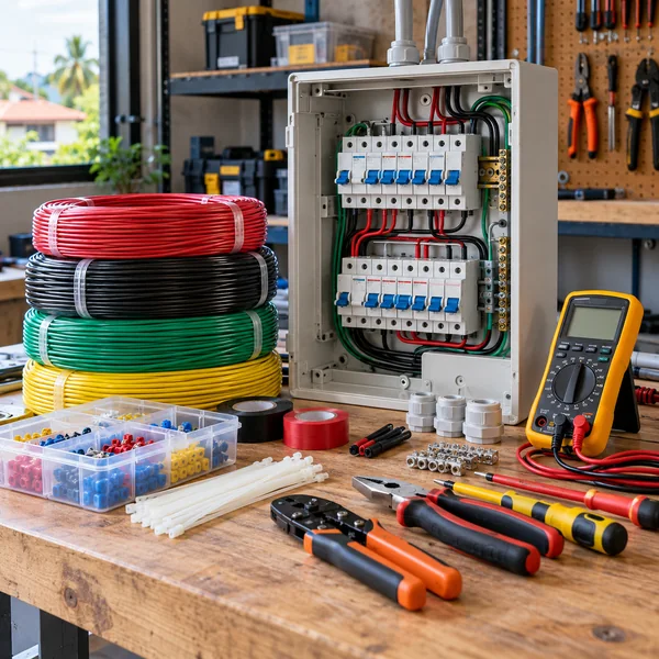Insulated electrical tools cable rolls and breaker enclosure on a workbench