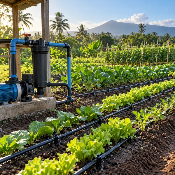 Installed drip irrigation lines and water-pump controls on a Philippine farm