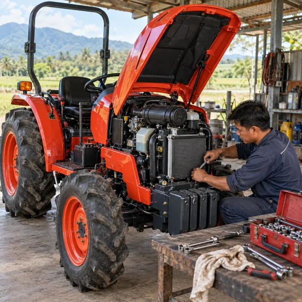 Tractor maintenance panel and tools in a farm machinery workshop