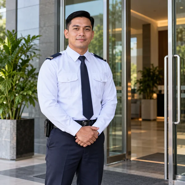 Professional unarmed security guard at a commercial building entrance