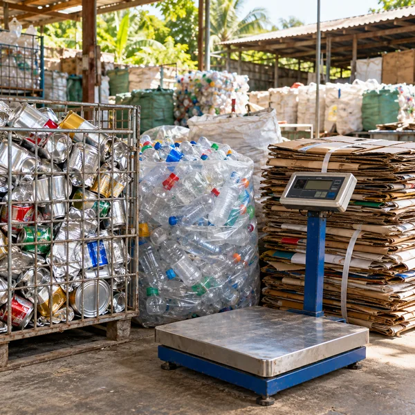 Sorted recyclables and weighing scale in an orderly Philippine junkshop