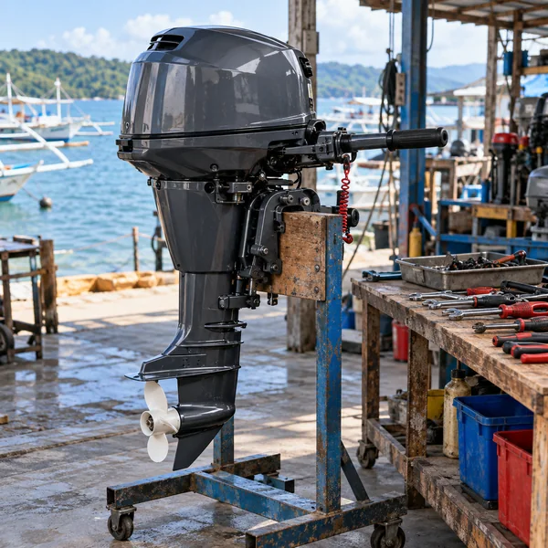 Outboard marine engine on a secure stand in a coastal repair workshop