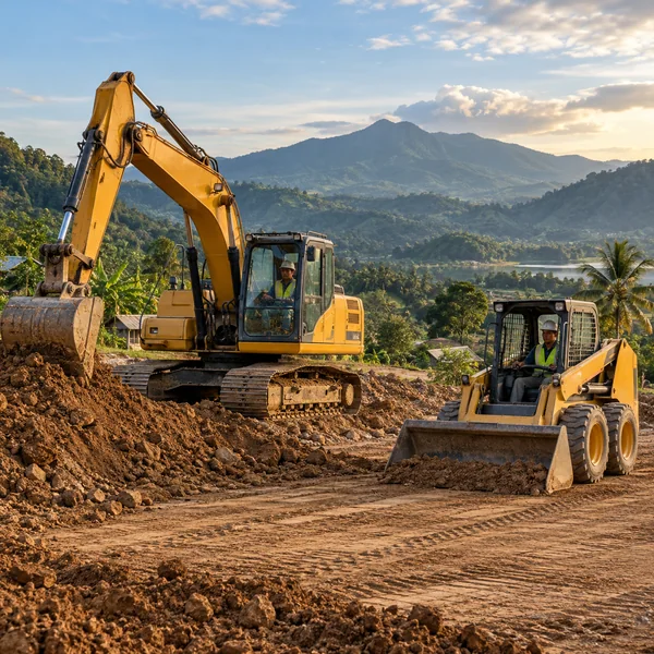 Excavator and earthmoving loader beside leveled soil at a rural construction site