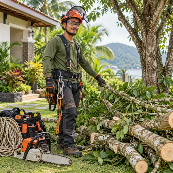Tree-care worker in protective equipment beside branches and arborist tools