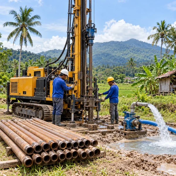 Water-well drilling rig drill pipes and pump at a rural worksite