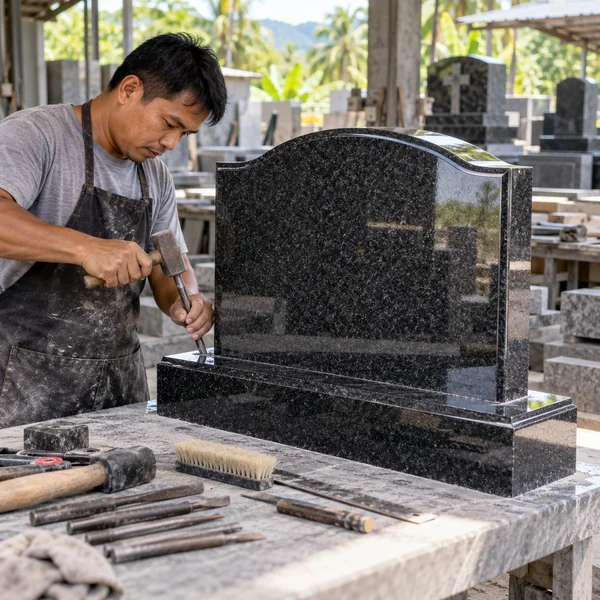 Blank granite memorial headstone and engraving tools in a stone workshop