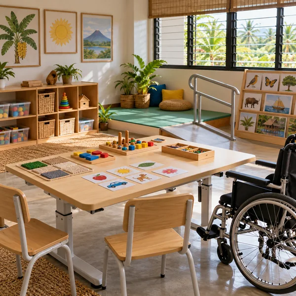 Accessible learning room with tactile materials and adjustable furniture